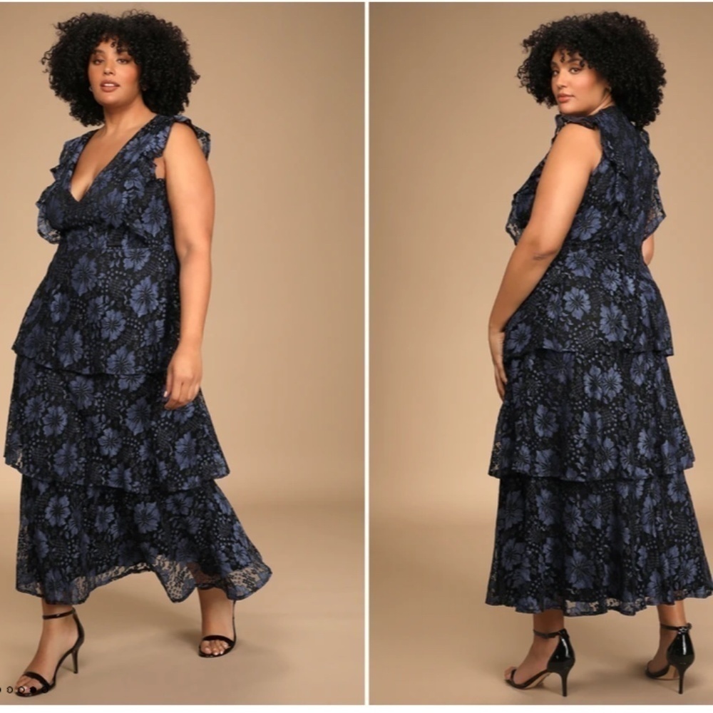 LULU's Sexy FLowy Prom Wedding Bridesmaid Tiered Lace Floral Ruffles Maxi - Picture 4 of 8